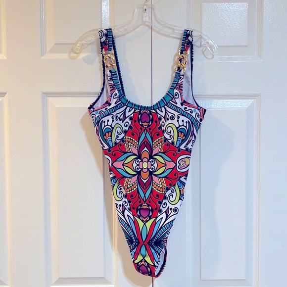 NEW-Floral Print-Gold Chain Linked Shoulder-1
Piece Swimsuit-Multicolor-L (8/12) - Picture 2 of 6
